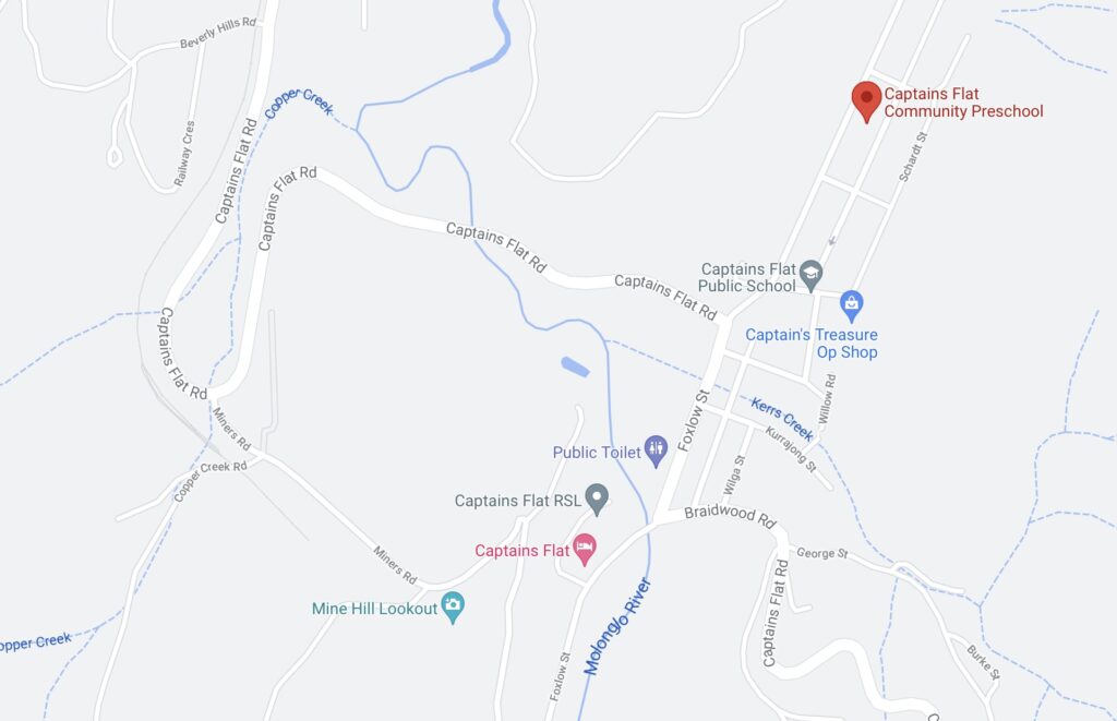 This map shows the location of the Captains Flat Community Preschool. If you cannot view the image, the associated link will bring up the location on Google Maps.